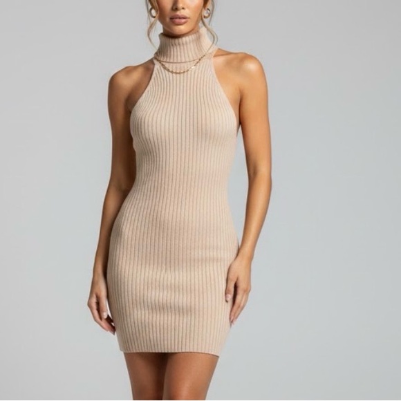 Meshki Dresses & Skirts - MESHKI Sia Beige Ribbed Knit Halter Mini Dress Turtleneck Oatmeal Size Small S